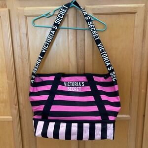Victoria's Secret Pink Black Stripe Duffel Bag Travel Weekend Oversized